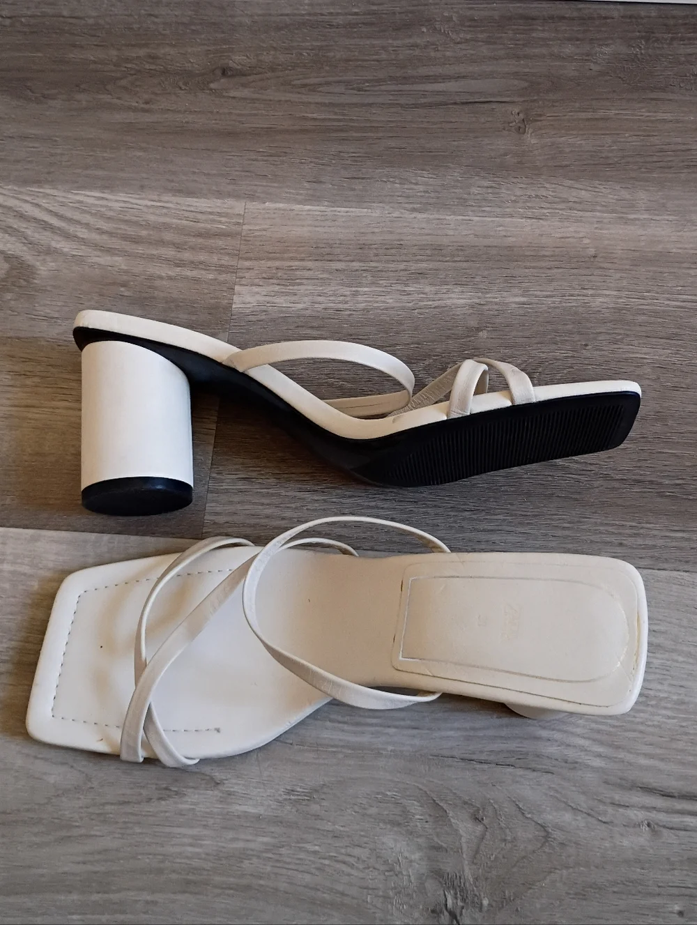 Zara Women's Cream Faux Leather Circle Block Strappy Square Toe Heel Sandals 38‎ - Picture 2 of 6